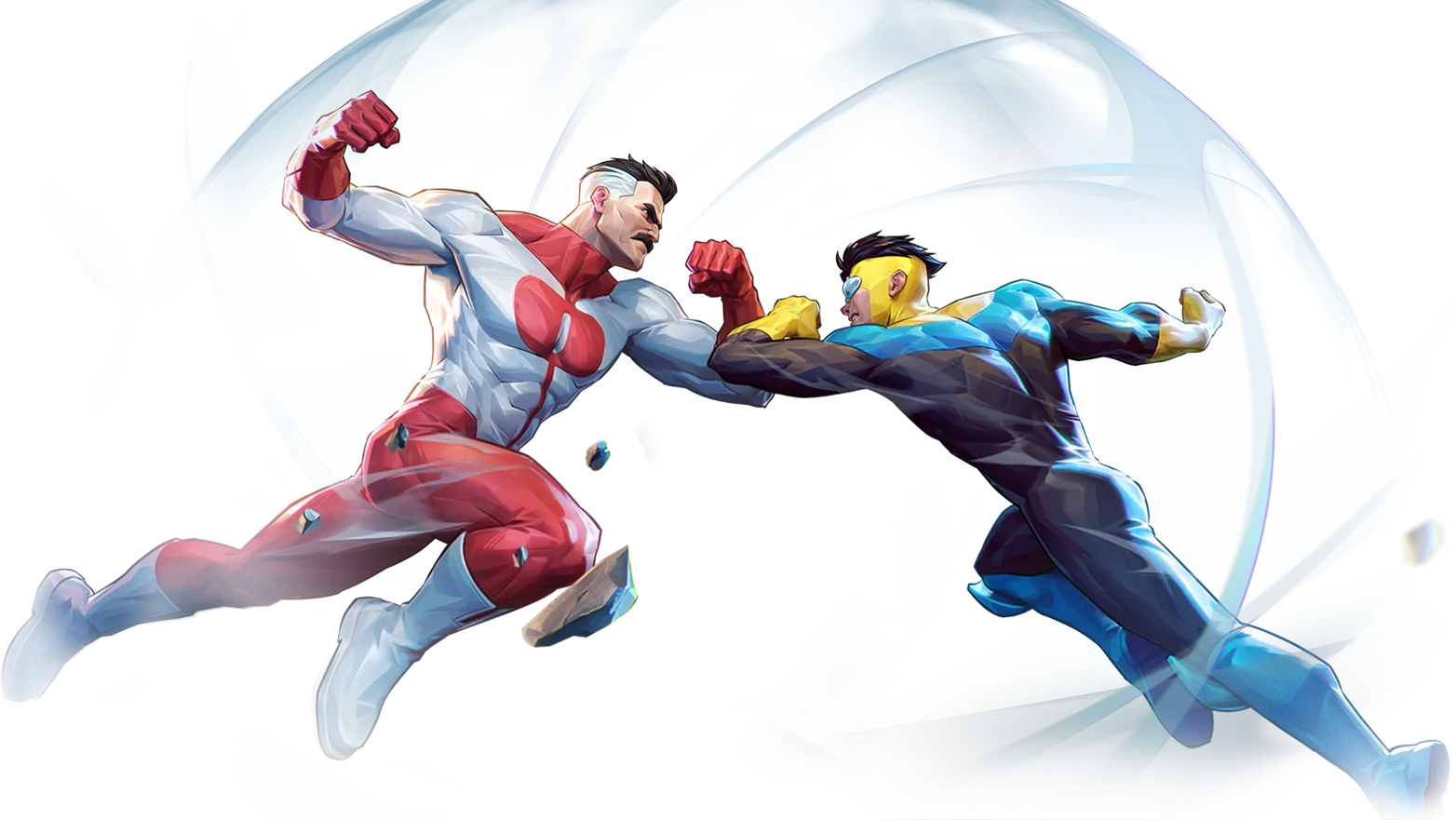 Invincible VS key art — Omni-Man and Invincible colliding mid-air