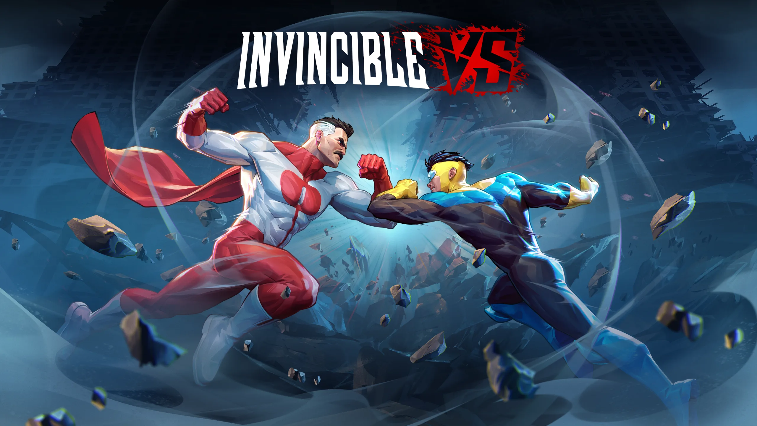 Invincible VS key art — Omni-Man and Invincible colliding mid-air